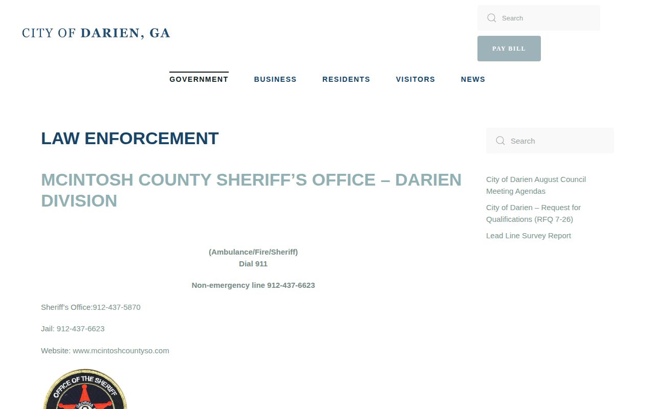 Official Darien law-enforcement page showing McIntosh Sheriff coverage