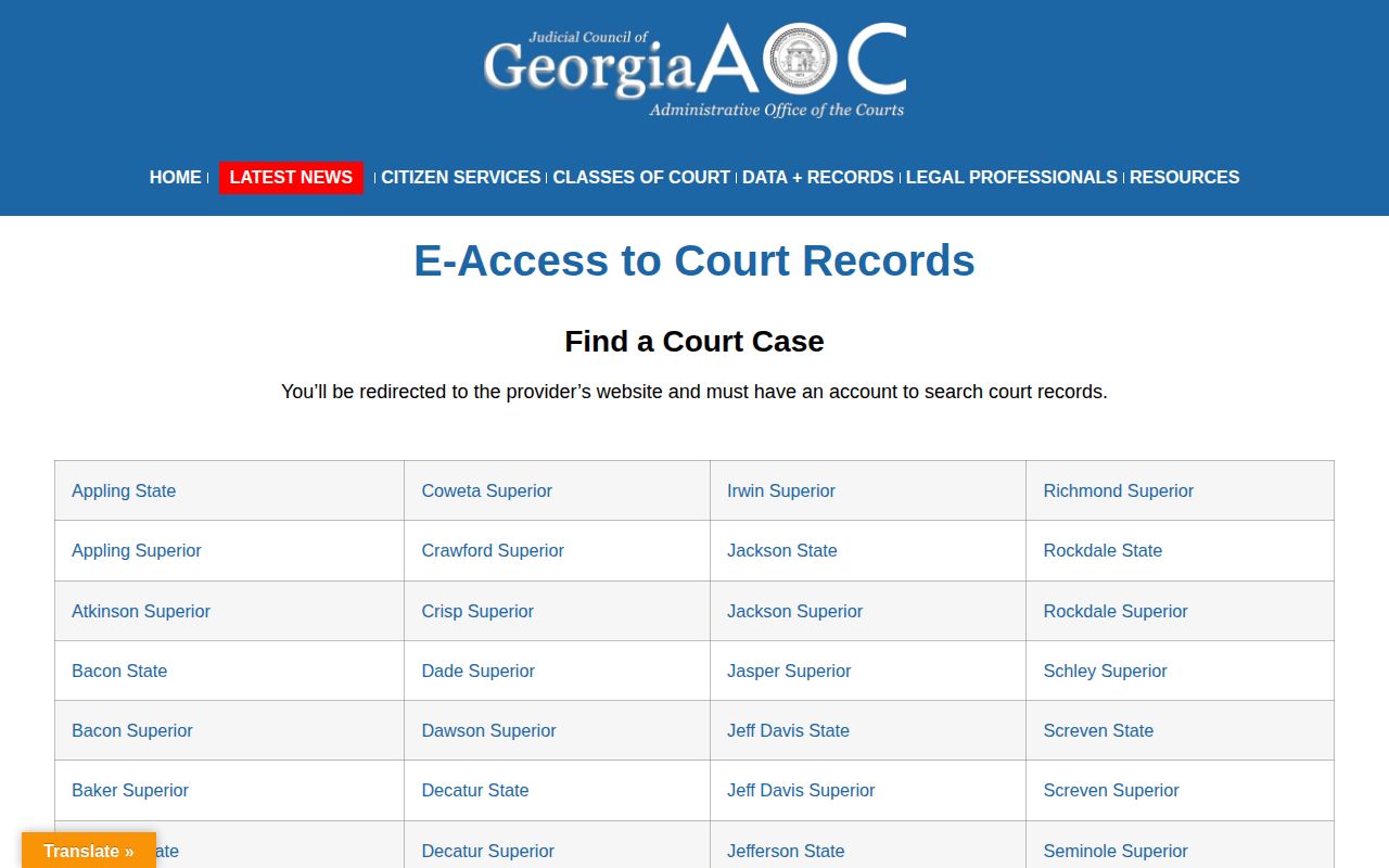 Georgia Courts e-access gateway for McIntosh County case dispositions